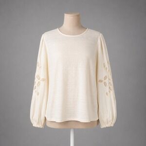 Crinkle Eyelet Embroidered Long‎ Sleeve Peasant Top Sz S Petite Cream Boho Beach